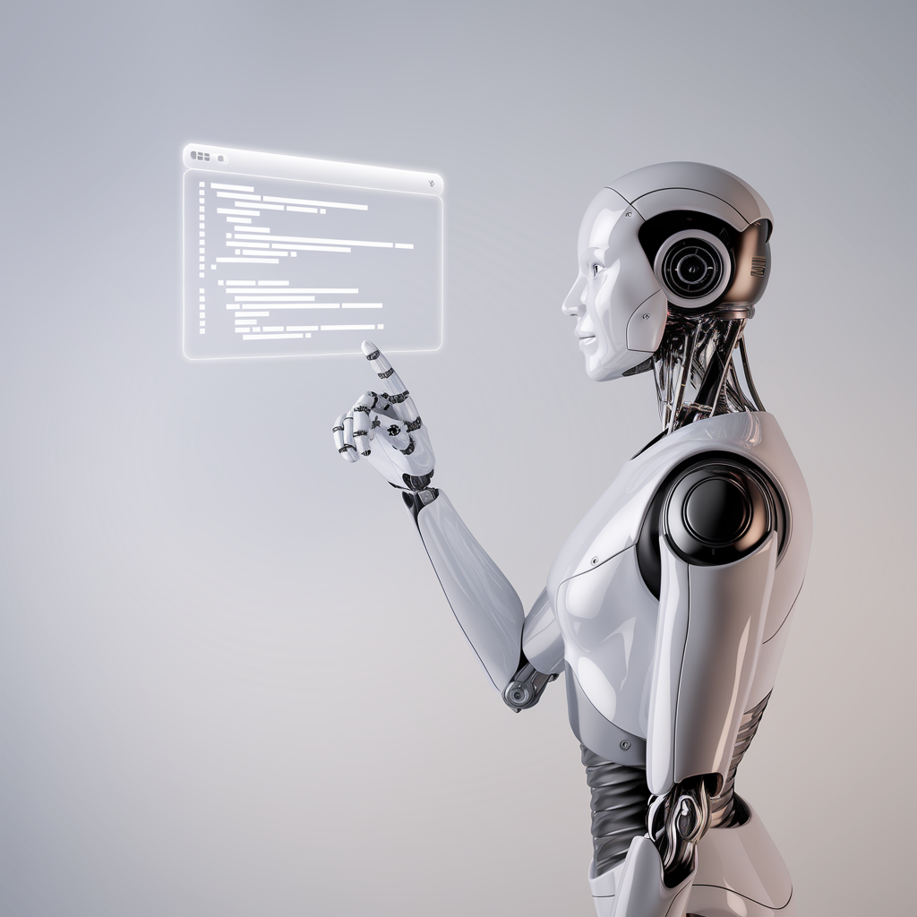 A robot stars at a computer screen wich shows a software code